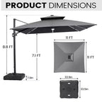 11FT Crestlive Products 2-Tier Top Outdoor Patio Cantilever Umbrella With Solar Light Strips Offset 360 Rotation Wheel Base 350lbs Max