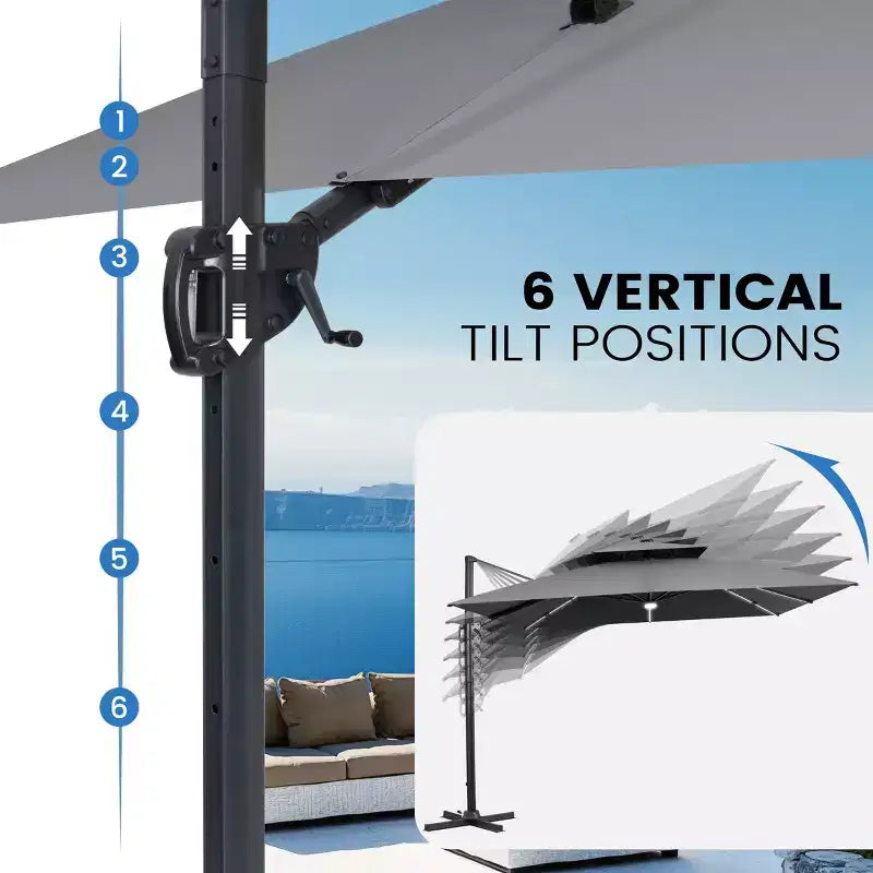 11FT Crestlive Products 2-Tier Top Outdoor Patio Cantilever Umbrella With Solar Light Strips Offset 360 Rotation Wheel Base 350lbs Max