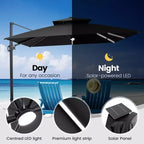 11FT Crestlive Products 2-Tier Top Outdoor Patio Cantilever Umbrella With Solar Light Strips Offset 360 Rotation Wheel Base 350lbs Max