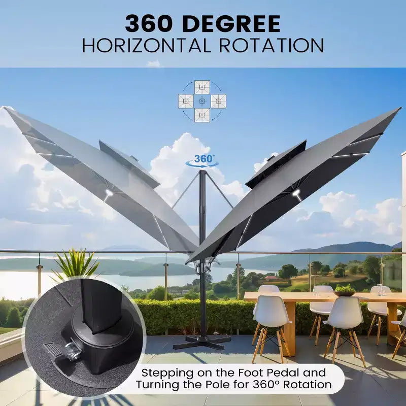 11FT Crestlive Products 2-Tier Top Outdoor Patio Cantilever Umbrella With Solar Light Strips Offset 360 Rotation Wheel Base 350lbs Max