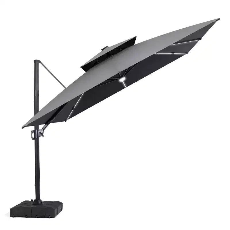 11FT Crestlive Products 2-Tier Top Outdoor Patio Cantilever Umbrella With Solar Light Strips Offset 360 Rotation Wheel Base 350lbs Max