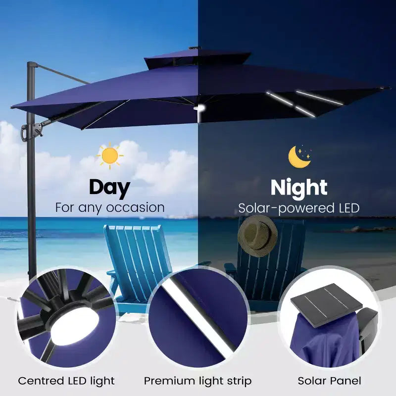 11FT Crestlive Products 2-Tier Top Outdoor Patio Cantilever Umbrella With Solar Light Strips Offset 360 Rotation Wheel Base 350lbs Max