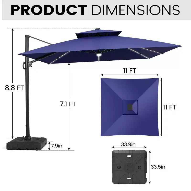 11FT Crestlive Products 2-Tier Top Outdoor Patio Cantilever Umbrella With Solar Light Strips Offset 360 Rotation Wheel Base 350lbs Max
