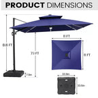 11FT Crestlive Products 2-Tier Top Outdoor Patio Cantilever Umbrella With Solar Light Strips Offset 360 Rotation Wheel Base 350lbs Max