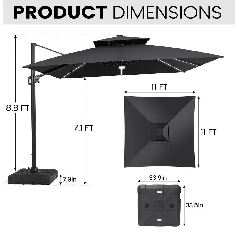11FT Crestlive Products 2-Tier Top Outdoor Patio Cantilever Umbrella With Solar Light Strips Offset 360 Rotation Wheel Base 350lbs Max