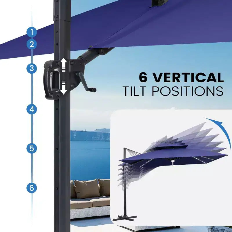 11FT Crestlive Products 2-Tier Top Outdoor Patio Cantilever Umbrella With Solar Light Strips Offset 360 Rotation Wheel Base 350lbs Max
