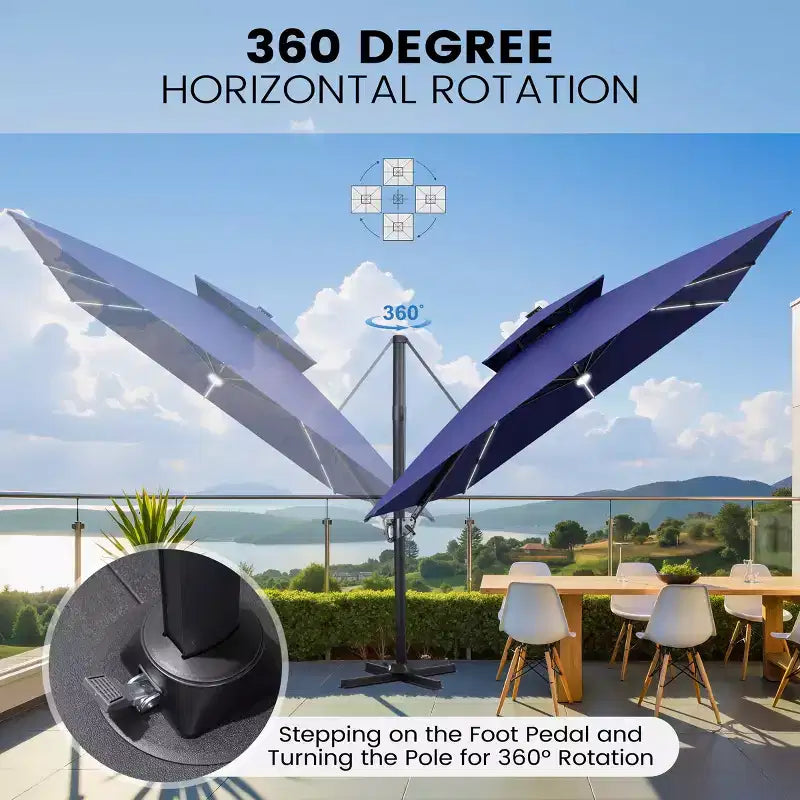 11FT Crestlive Products 2-Tier Top Outdoor Patio Cantilever Umbrella With Solar Light Strips Offset 360 Rotation Wheel Base 350lbs Max