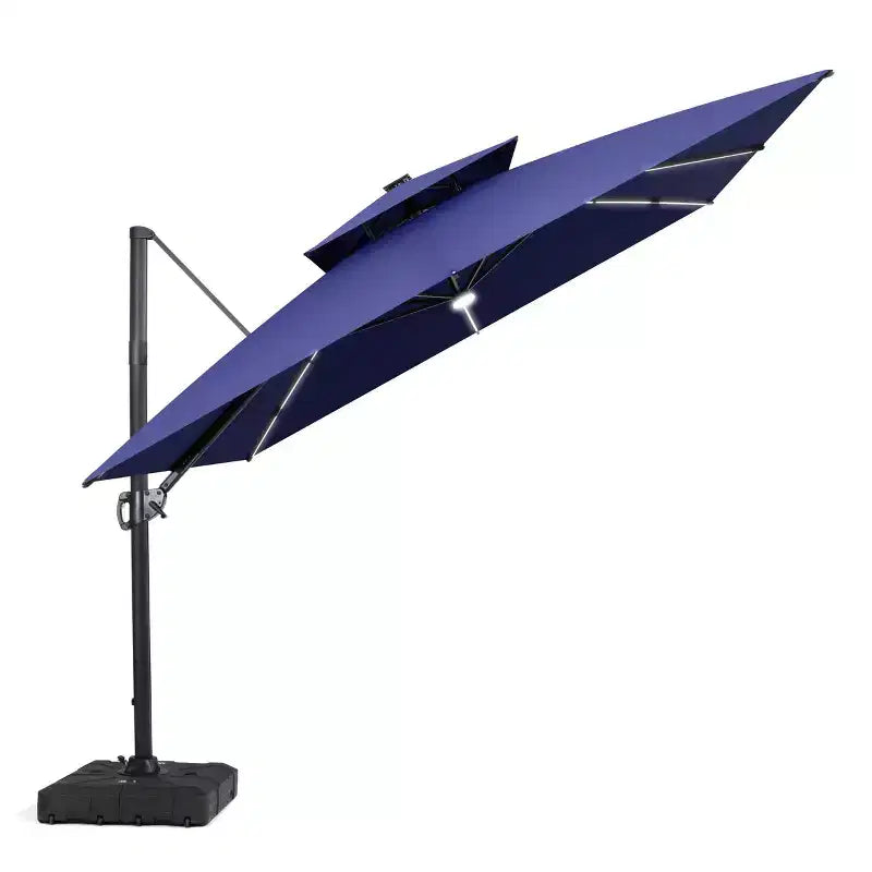 11FT Crestlive Products 2-Tier Top Outdoor Patio Cantilever Umbrella With Solar Light Strips Offset 360 Rotation Wheel Base 350lbs Max