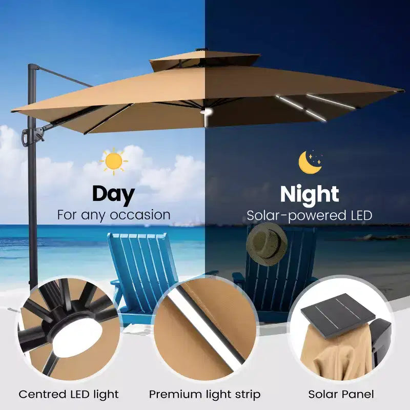 11FT Crestlive Products 2-Tier Top Outdoor Patio Cantilever Umbrella With Solar Light Strips Offset 360 Rotation Wheel Base 350lbs Max