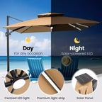 11FT Crestlive Products 2-Tier Top Outdoor Patio Cantilever Umbrella With Solar Light Strips Offset 360 Rotation Wheel Base 350lbs Max