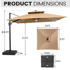 11FT Crestlive Products 2-Tier Top Outdoor Patio Cantilever Umbrella With Solar Light Strips Offset 360 Rotation Wheel Base 350lbs Max