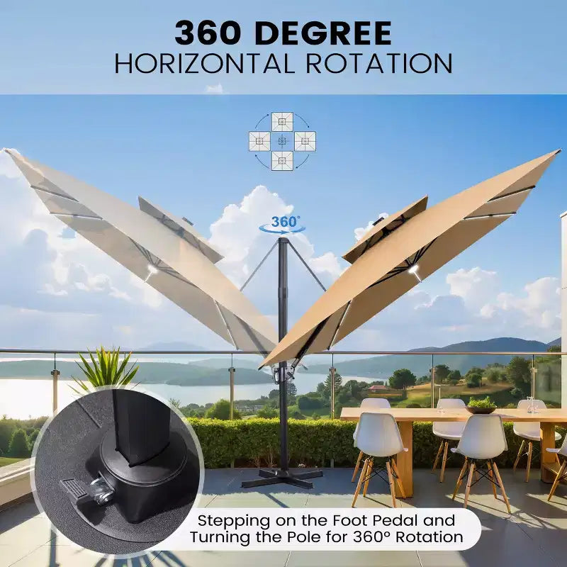 11FT Crestlive Products 2-Tier Top Outdoor Patio Cantilever Umbrella With Solar Light Strips Offset 360 Rotation Wheel Base 350lbs Max