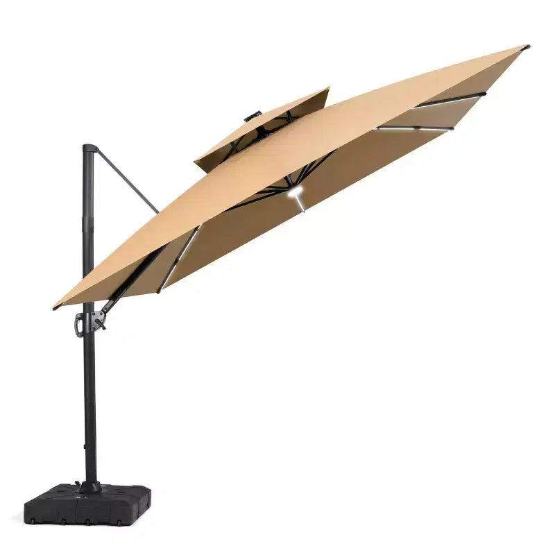 11FT Crestlive Products 2-Tier Top Outdoor Patio Cantilever Umbrella With Solar Light Strips Offset 360 Rotation Wheel Base 350lbs Max