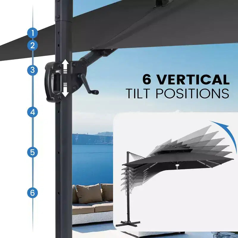 11FT Crestlive Products 2-Tier Top Outdoor Patio Cantilever Umbrella With Solar Light Strips Offset 360 Rotation Wheel Base 350lbs Max