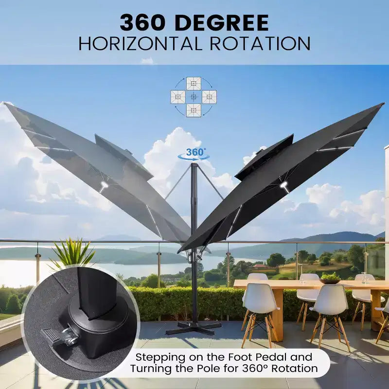 11FT Crestlive Products 2-Tier Top Outdoor Patio Cantilever Umbrella With Solar Light Strips Offset 360 Rotation Wheel Base 350lbs Max