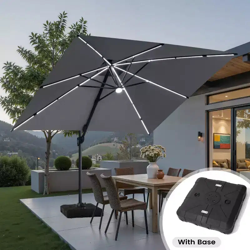 11FT Crestlive Products 2-Tier Top Outdoor Patio Cantilever Umbrella With Solar Light Strips Offset 360 Rotation Wheel Base 350lbs Max