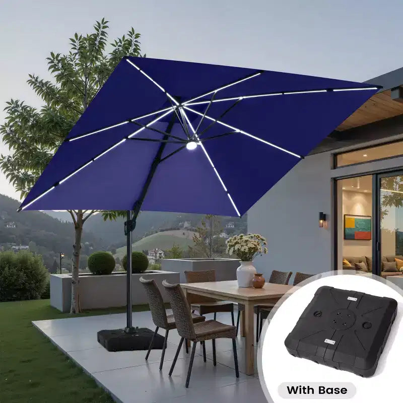 11FT Crestlive Products 2-Tier Top Outdoor Patio Cantilever Umbrella With Solar Light Strips Offset 360 Rotation Wheel Base 350lbs Max