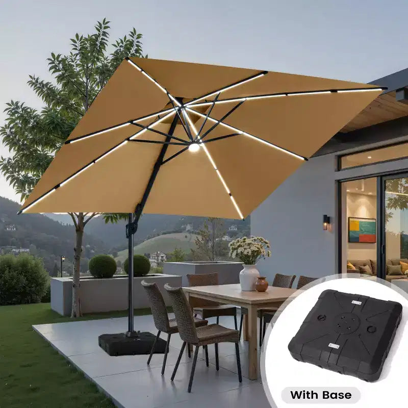 11FT Crestlive Products 2-Tier Top Outdoor Patio Cantilever Umbrella With Solar Light Strips Offset 360 Rotation Wheel Base 350lbs Max