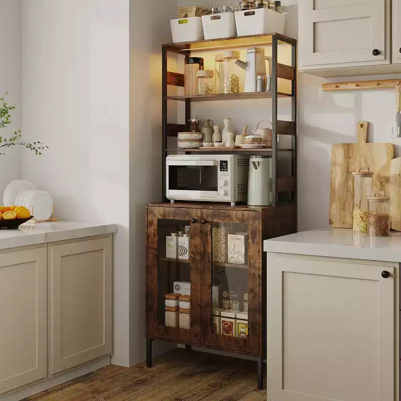 67 Tall Coffee Bar Cabinet with Music-Sync RGB LED Lights & Power Outlet - Kitchen Baker's Rack with Glass Doors & Adjustable Shelves