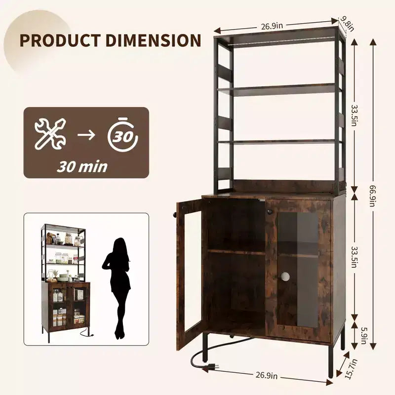 67 Tall Coffee Bar Cabinet with Music-Sync RGB LED Lights & Power Outlet - Kitchen Baker's Rack with Glass Doors & Adjustable Shelves