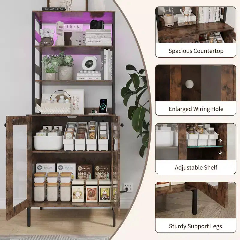67 Tall Coffee Bar Cabinet with Music-Sync RGB LED Lights & Power Outlet - Kitchen Baker's Rack with Glass Doors & Adjustable Shelves