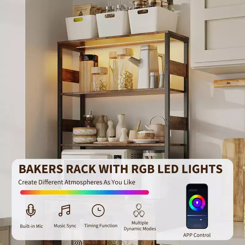 67 Tall Coffee Bar Cabinet with Music-Sync RGB LED Lights & Power Outlet - Kitchen Baker's Rack with Glass Doors & Adjustable Shelves