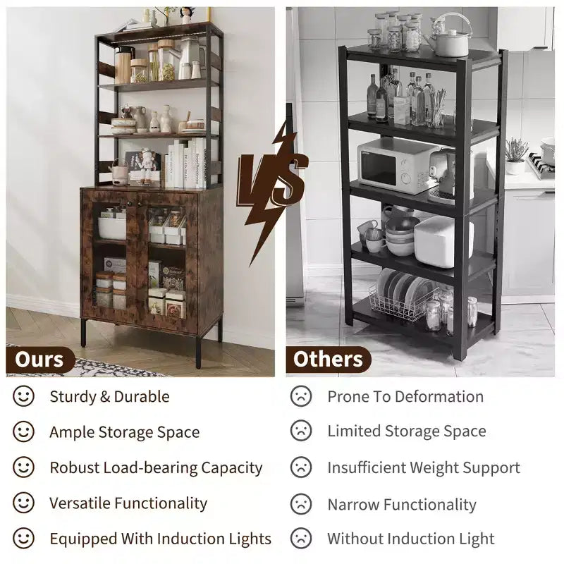 67 Tall Coffee Bar Cabinet with Music-Sync RGB LED Lights & Power Outlet - Kitchen Baker's Rack with Glass Doors & Adjustable Shelves
