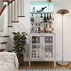 67 Tall Coffee Bar Cabinet with Music-Sync RGB LED Lights & Power Outlet - Kitchen Baker's Rack with Glass Doors & Adjustable Shelves