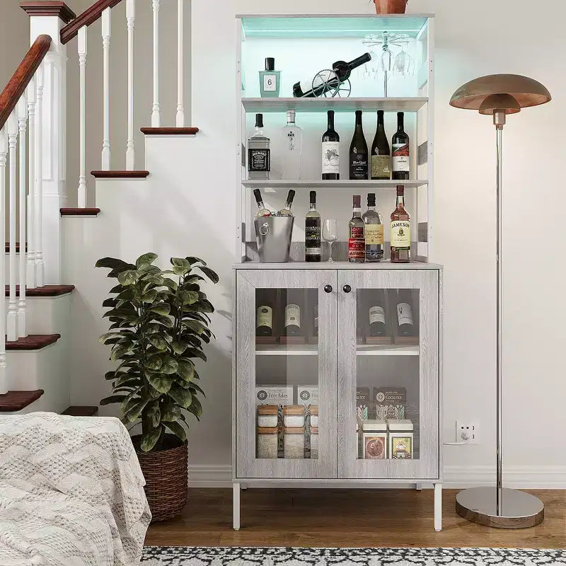67 Tall Coffee Bar Cabinet with Music-Sync RGB LED Lights & Power Outlet - Kitchen Baker's Rack with Glass Doors & Adjustable Shelves