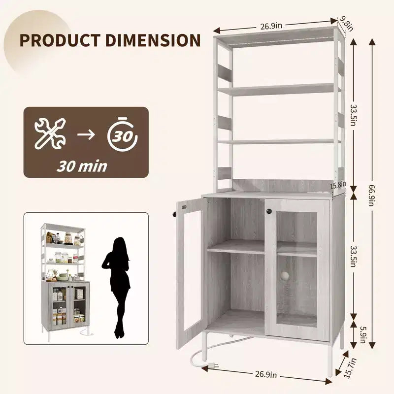 67 Tall Coffee Bar Cabinet with Music-Sync RGB LED Lights & Power Outlet - Kitchen Baker's Rack with Glass Doors & Adjustable Shelves