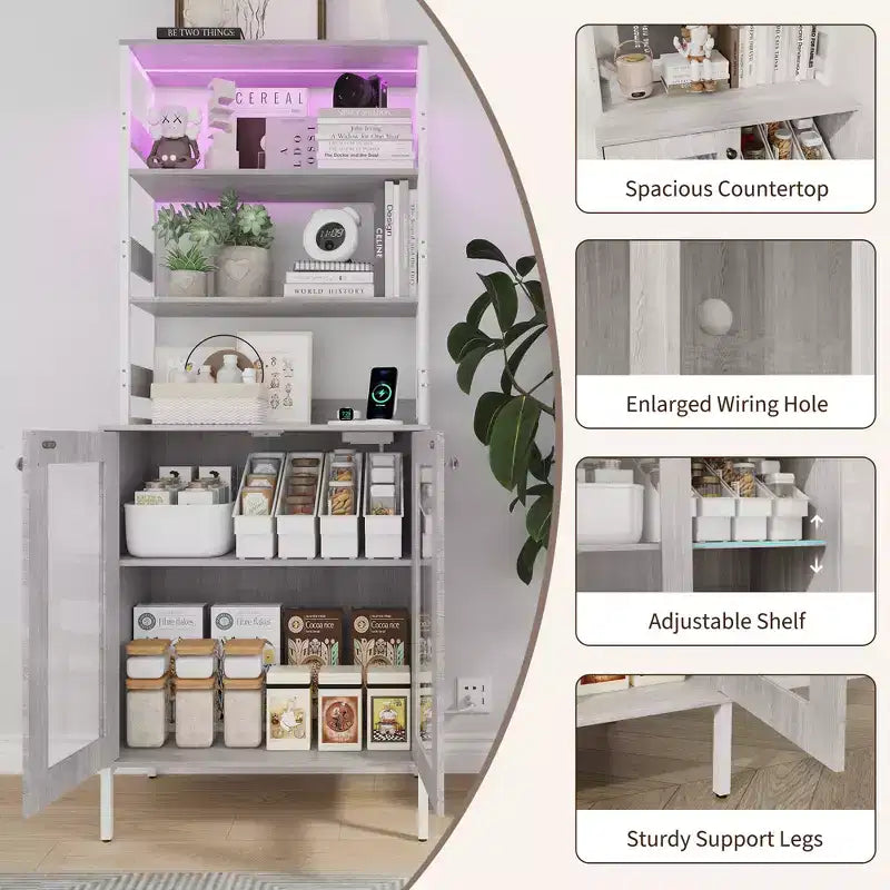 67 Tall Coffee Bar Cabinet with Music-Sync RGB LED Lights & Power Outlet - Kitchen Baker's Rack with Glass Doors & Adjustable Shelves