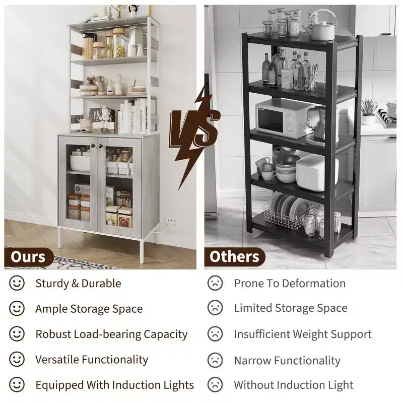 67 Tall Coffee Bar Cabinet with Music-Sync RGB LED Lights & Power Outlet - Kitchen Baker's Rack with Glass Doors & Adjustable Shelves