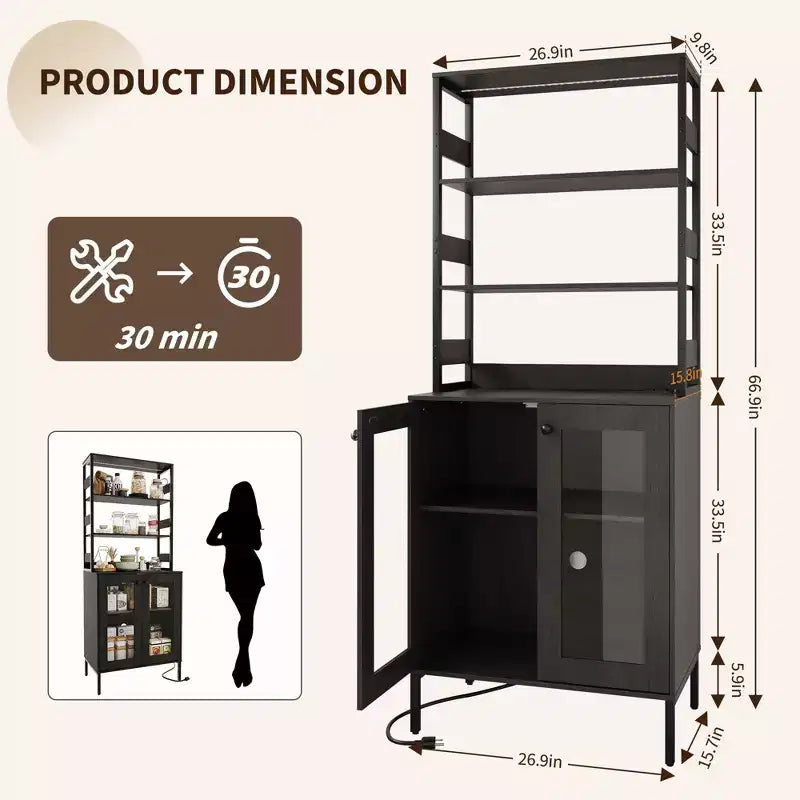 67 Tall Coffee Bar Cabinet with Music-Sync RGB LED Lights & Power Outlet - Kitchen Baker's Rack with Glass Doors & Adjustable Shelves