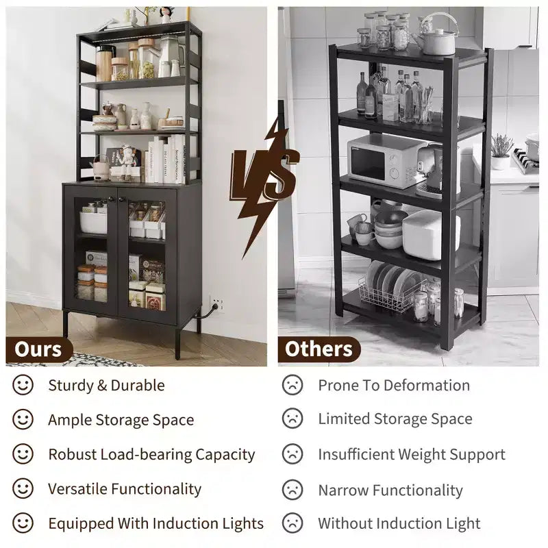 67 Tall Coffee Bar Cabinet with Music-Sync RGB LED Lights & Power Outlet - Kitchen Baker's Rack with Glass Doors & Adjustable Shelves