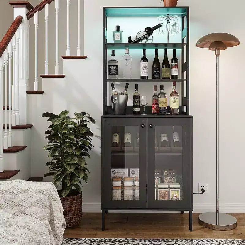 67 Tall Coffee Bar Cabinet with Music-Sync RGB LED Lights & Power Outlet - Kitchen Baker's Rack with Glass Doors & Adjustable Shelves