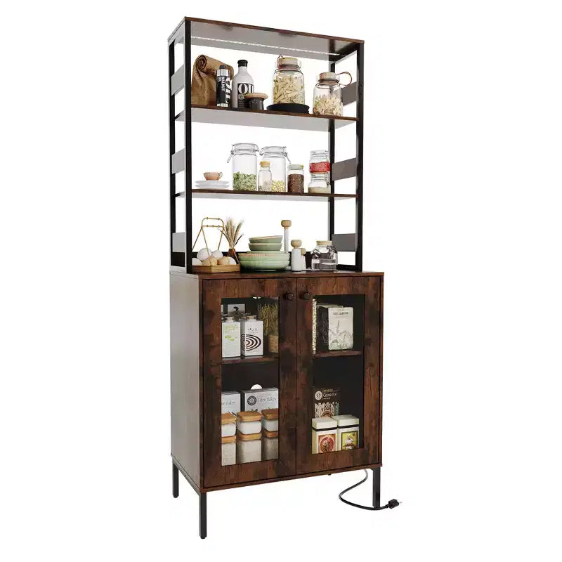 67 Tall Coffee Bar Cabinet with Music-Sync RGB LED Lights & Power Outlet - Kitchen Baker's Rack with Glass Doors & Adjustable Shelves