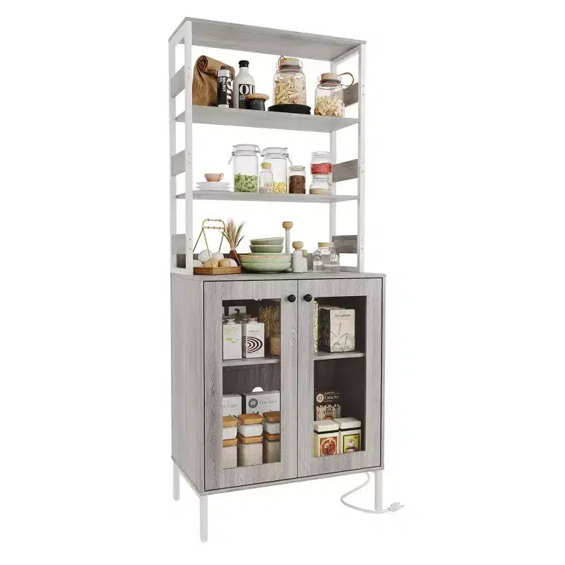 67 Tall Coffee Bar Cabinet with Music-Sync RGB LED Lights & Power Outlet - Kitchen Baker's Rack with Glass Doors & Adjustable Shelves