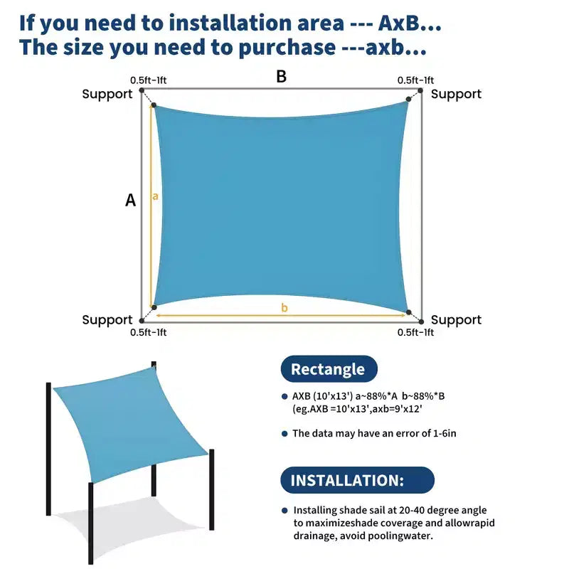 10x13 ft Rectangle Sun Shade Sail, UV Block Shade Cloth Canopy, Outdoor Sunshade for Patio, Backyard, Deck, Garden, Yard & Facilities