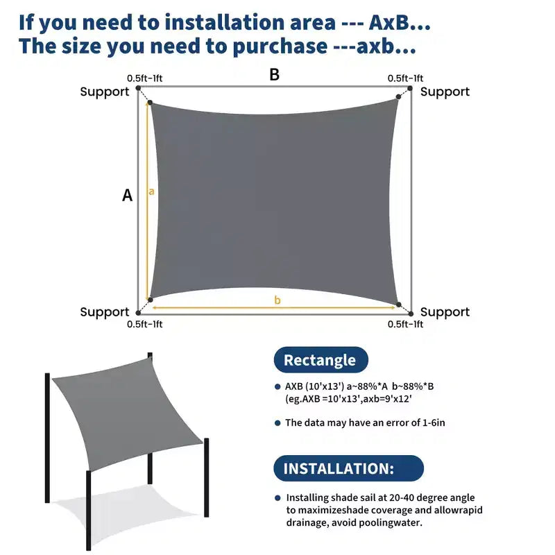 10x13 ft Rectangle Sun Shade Sail, UV Block Shade Cloth Canopy, Outdoor Sunshade for Patio, Backyard, Deck, Garden, Yard & Facilities