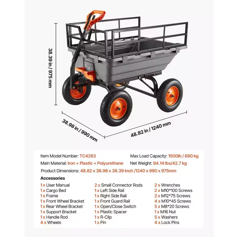 VVEVOR Garden Dump Cart, 1500lbs Poly Dump Cart, 15 Cu. Ft. Garden Carts Dumps Wagon with 2-in-1 Convertible Handle, Black&Gray