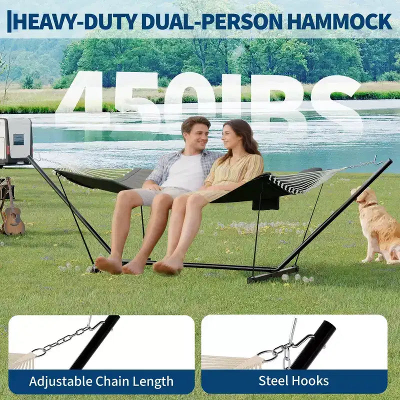 2 Person Double Hammock with Stand and Pillow - 450 Lbs Capacity Heavy Duty Hammock with Balance Rope, Large Outdoor Hammock for Backyard Poolside
