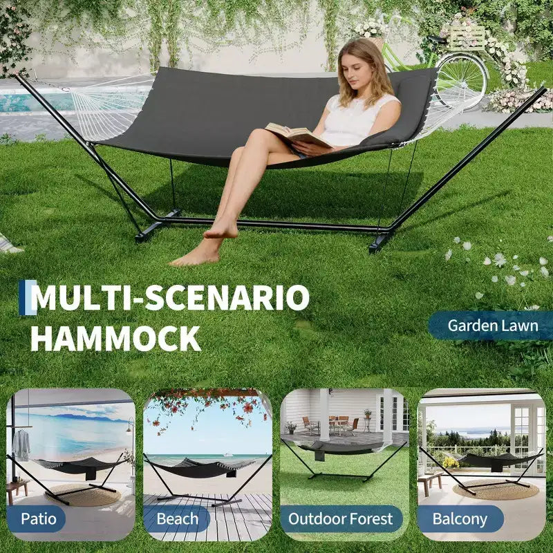 2 Person Double Hammock with Stand and Pillow - 450 Lbs Capacity Heavy Duty Hammock with Balance Rope, Large Outdoor Hammock for Backyard Poolside