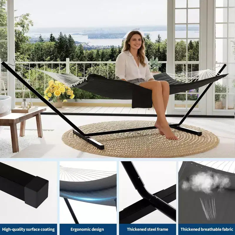 2 Person Double Hammock with Stand and Pillow - 450 Lbs Capacity Heavy Duty Hammock with Balance Rope, Large Outdoor Hammock for Backyard Poolside