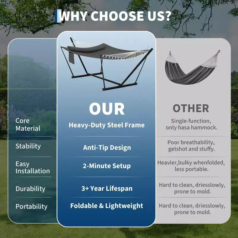 2 Person Double Hammock with Stand and Pillow - 450 Lbs Capacity Heavy Duty Hammock with Balance Rope, Large Outdoor Hammock for Backyard Poolside