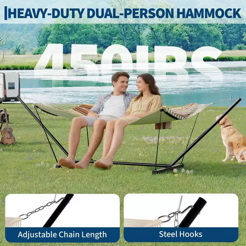 2 Person Double Hammock with Stand and Pillow - 450 Lbs Capacity Heavy Duty Hammock with Balance Rope, Large Outdoor Hammock for Backyard Poolside