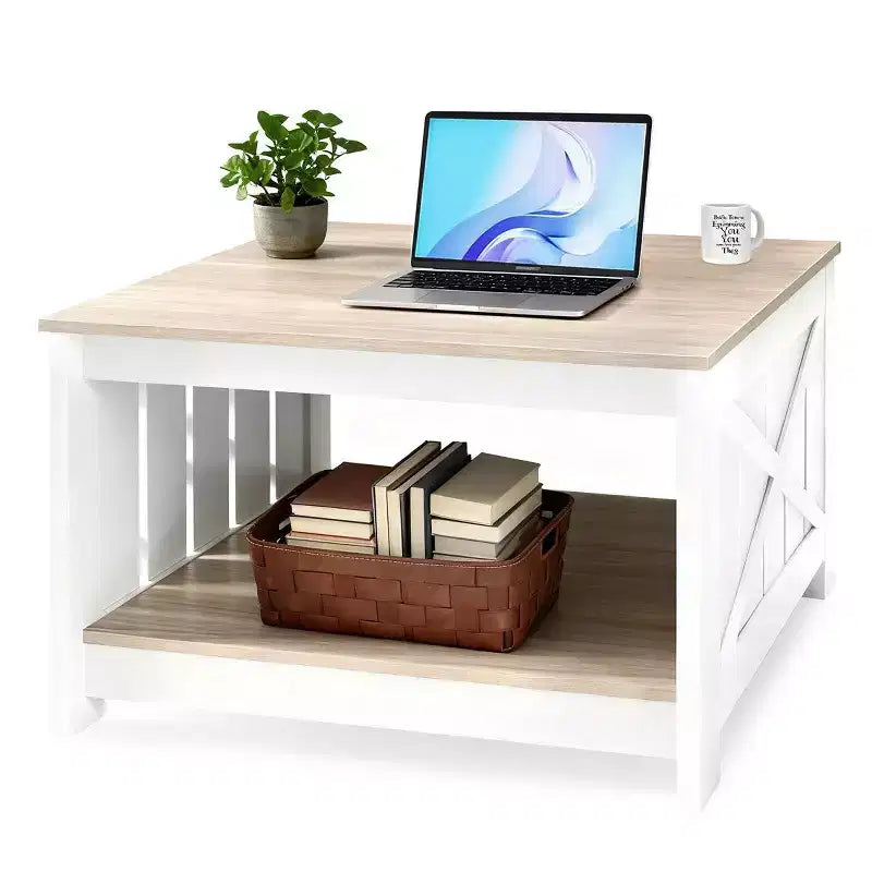 JIONJOY Square Farmhouse Coffee Table with Half-Open Storage, Rustic Cocktail Table for Living Room Small Spaces