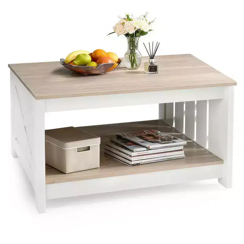 JIONJOY Square Farmhouse Coffee Table with Half-Open Storage, Rustic Cocktail Table for Living Room Small Spaces