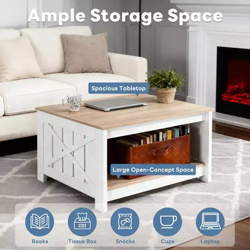 JIONJOY Square Farmhouse Coffee Table with Half-Open Storage, Rustic Cocktail Table for Living Room Small Spaces