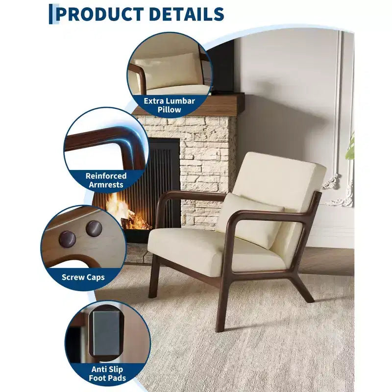 Mid-Century Chenille Accent Chair, Cozy Reading Chair, Modern Lounge Armchair with Lumbar Pillow, Solid Wood Frame, for Living Room, Bedroom, Office