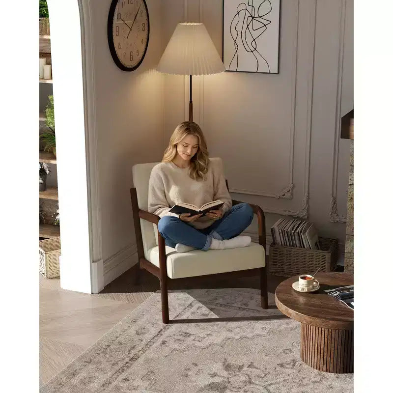 Mid-Century Chenille Accent Chair, Cozy Reading Chair, Modern Lounge Armchair with Lumbar Pillow, Solid Wood Frame, for Living Room, Bedroom, Office